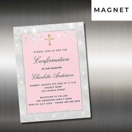 Bevestiging zilverroze glitterscript luxe magnetische uitnodiging