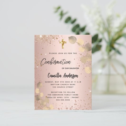 Bevestiging: zwarte eucalyptusgoud glitter uitnodiging briefkaart (Staand voorkant)