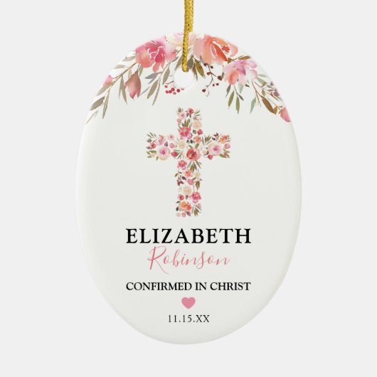 Bevestigingscode | Roze Floral Cross Keramisch Ornament (Voorkant)