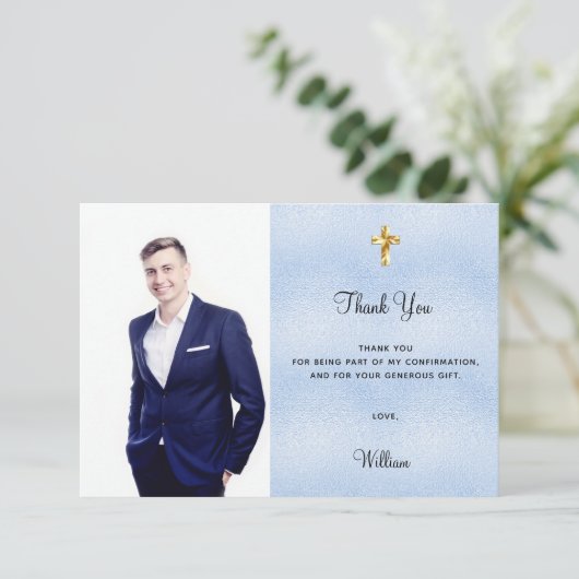 Bevestigingsfoto dwars blauw jongetje bedankt kaar kaart (Staand voorkant)