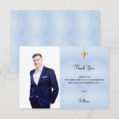 Bevestigingsfoto dwars blauw jongetje bedankt kaar kaart (Voorkant / Achterkant)