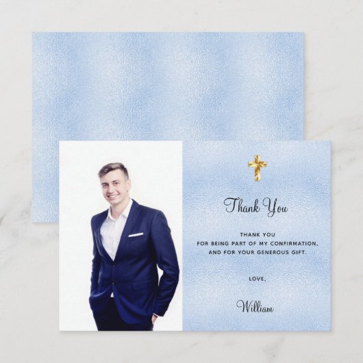Bevestigingsfoto dwars blauw jongetje bedankt kaar kaart (Voorkant / Achterkant)