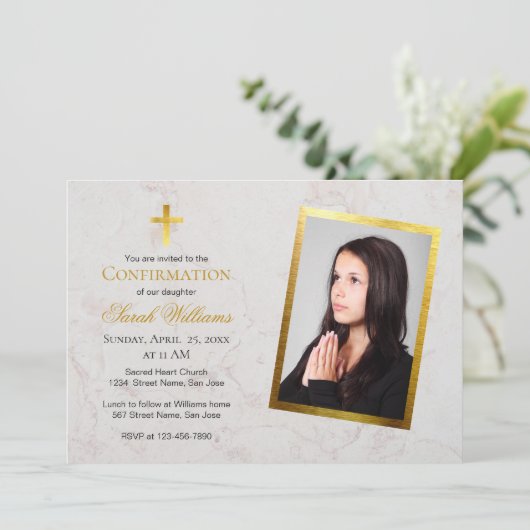Bevestigingsfoto Marble Faux Gold Foil Script Kaart (Staand voorkant)