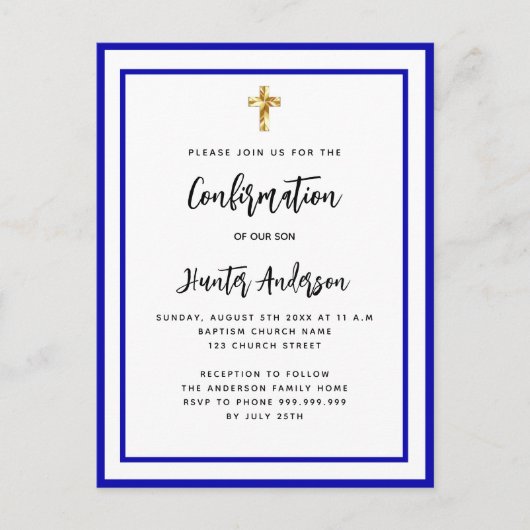 Bevestigingsjongen koningsblauw wit uitnodiging briefkaart (Voorkant)