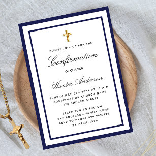 Bevestigingsjongen koninklijk blauw-wit minimalist uitnodiging briefkaart