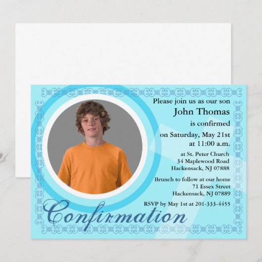 Bevestigingsjongen Uitnodiging blauw (Voorkant / Achterkant)