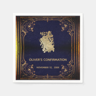 Bevestigingsjongen Vintage Blauw Gouden Kruis Boek Servet