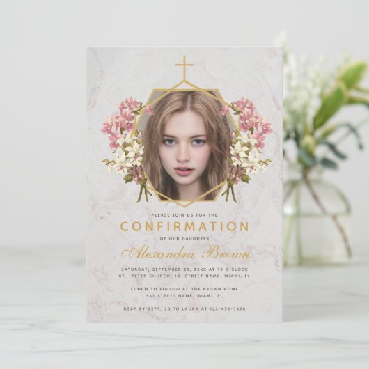 Bevestigingsmeisje Foto Floral Pink Orchids Marble Kaart (Staand voorkant)