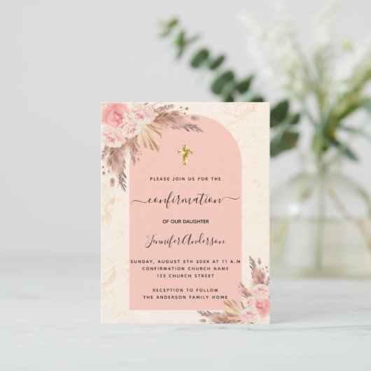 Bevestigingspampas marmer roos goudbloem uitnodiging briefkaart (Staand voorkant)