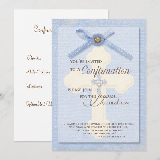 Bevestigingsuitnodiging - Blauw met kruis en ribbo Kaart (Voorkant / Achterkant)