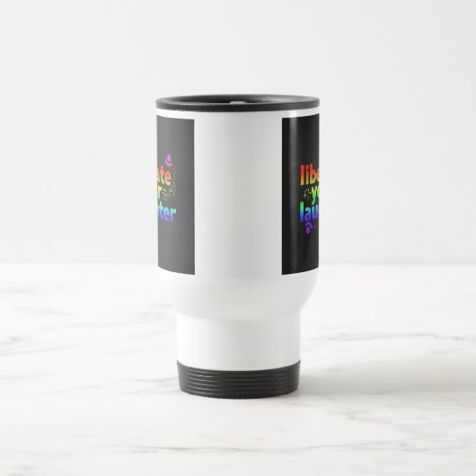 "Bevrijd je lachen" Travel koffiemok. Reisbeker (Center)