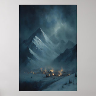 Bevroren besneeuwd bergdorp onder besneeuwde schem poster