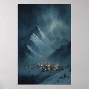 Bevroren Besneeuwd Bergdorp Onder Besneeuwde Schem Poster