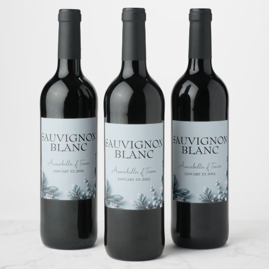 Bevroren Blauwe Winterbloemen Bruiloft Aangepaste  Wijn Etiket (Flessen)