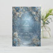 Bevroren Blauwe Witte Bloem IJsdruppel Winter Huwe Kaart (Staand voorkant)