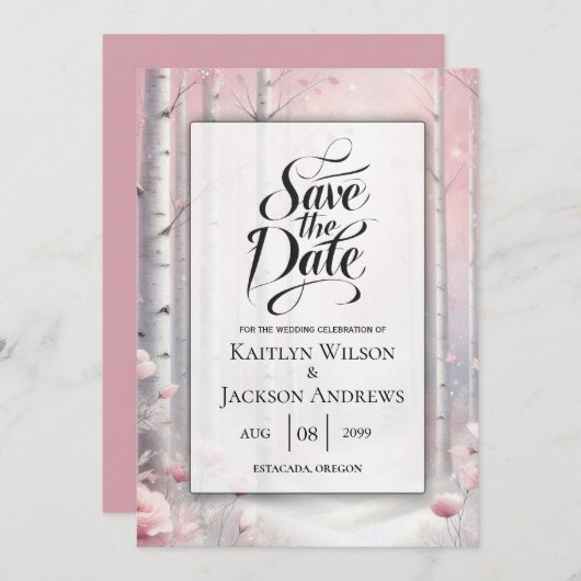 Bevroren bloemblaadjes in een winter bos-huwelijk save the date (Voorkant / Achterkant)