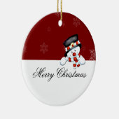 Bevroren op rood met witte sneeuwvlokken keramisch ornament (Rechts)