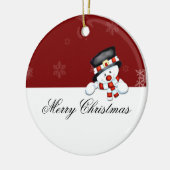 Bevroren op rood met witte sneeuwvlokken keramisch ornament (Links)