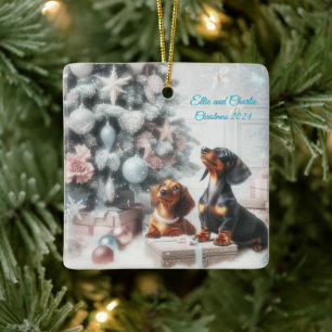 Bevroren pastel teckel kerstversiering keramisch ornament
