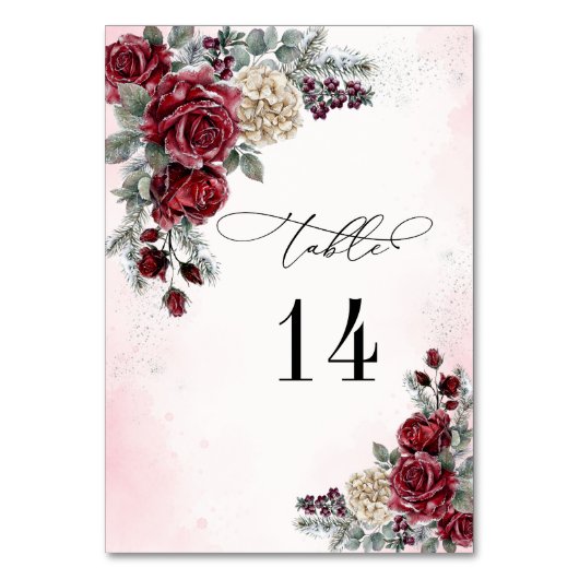 Bevroren Rozen Winter Bruiloft Tafel Nummer Kaart (Voorkant)