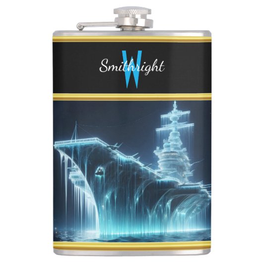 Bevroren slagschip stijgt op uit donkere wateren heupfles (Voorkant)