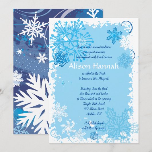 Bevroren sneeuwvlokken Bar Bat Mitswa Uitnodiging (Voorkant / Achterkant)