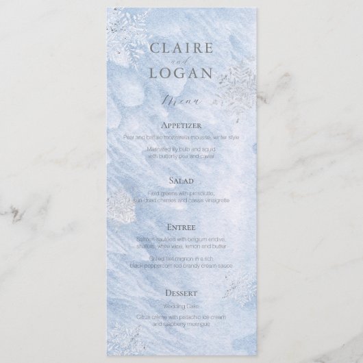Bevroren Winter Zilveren Sneeuwvlokken Bruiloft Menu (Voorkant)