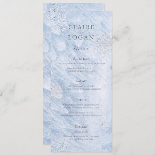 Bevroren Winter Zilveren Sneeuwvlokken Bruiloft Menu (Voorkant / Achterkant)