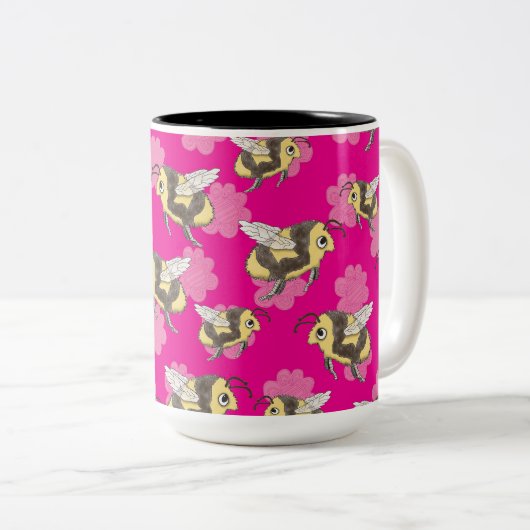 Bewaar de bijen op roze bloemachtergrond tweekleurige koffiemok (Voorkant rechts)