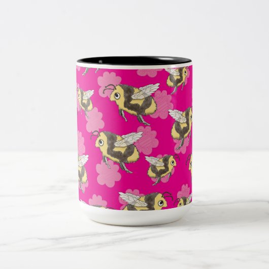 Bewaar de bijen op roze bloemachtergrond tweekleurige koffiemok (Center)