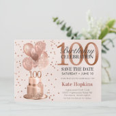 Bewaar de datum 100e verjaardag Roos gouden taart Save The Date (Staand voorkant)