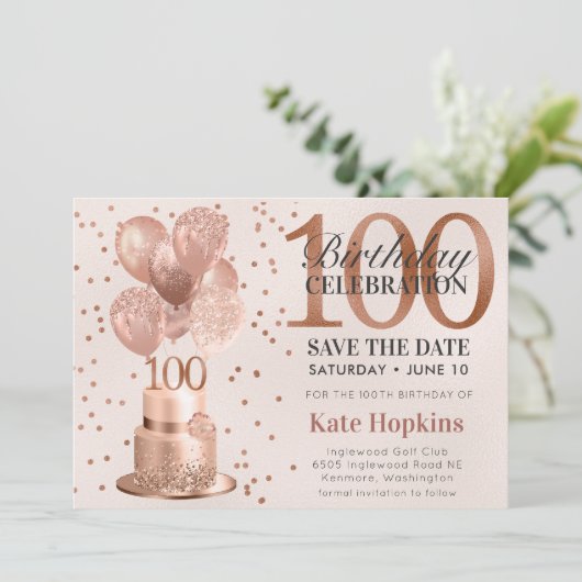 Bewaar de datum 100e verjaardag Roos gouden taart Save The Date (Staand voorkant)