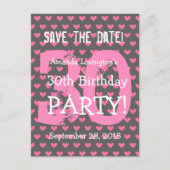 Bewaar de datum 30th Birthday V01H Pink Hearts Aankondigingskaart (Voorkant)