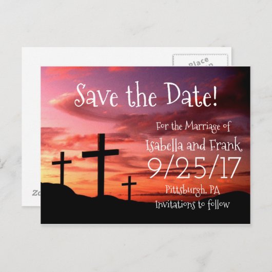 Bewaar de datum - 3 Cross Religous Sunset Briefkaa Aankondigingskaart (Voorkant / Achterkant)