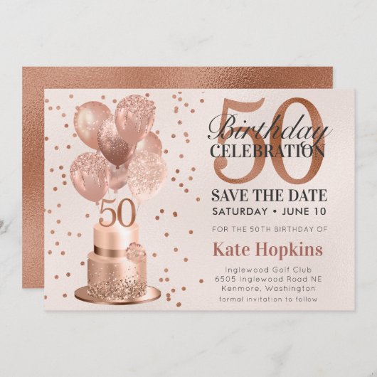 Bewaar de datum 50e verjaardag Roos gouden taart Save The Date (Voorkant / Achterkant)