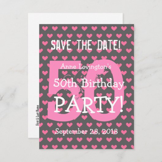 Bewaar de datum 50th Birthday V01K Pink Hearts Aankondigingskaart (Voorkant / Achterkant)