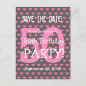 Bewaar de datum 50th Birthday V01K Pink Hearts Aankondigingskaart (Voorkant)