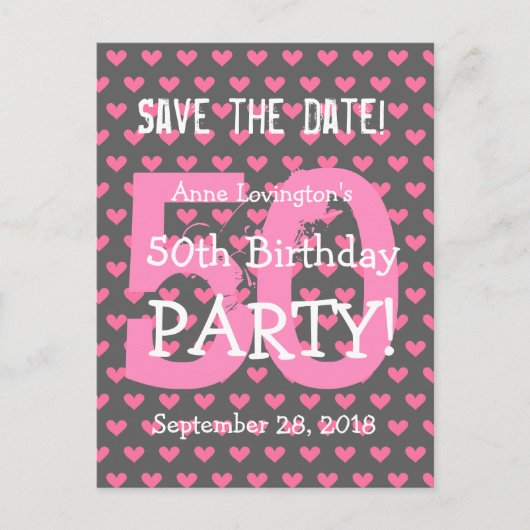 Bewaar de datum 50th Birthday V01K Pink Hearts Aankondigingskaart (Voorkant)