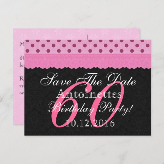 Bewaar de datum 60e verjaardag Roze en Zwarte kant Aankondigingskaart (Voorkant / Achterkant)