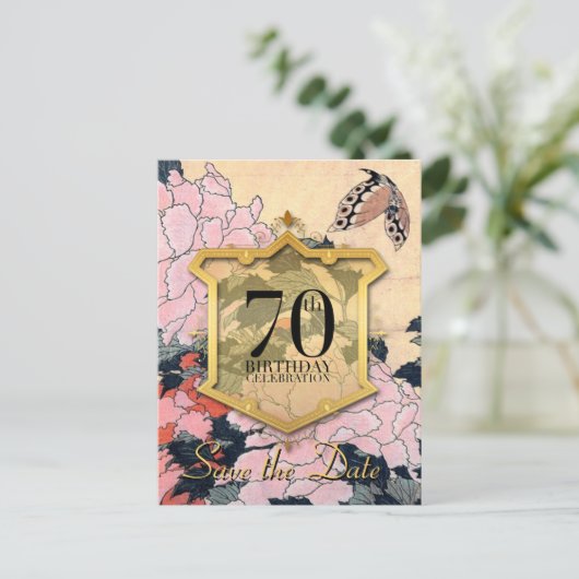 Bewaar de datum 70th Birthday Butterfly & Peonies  Aankondigingskaart (Staand voorkant)