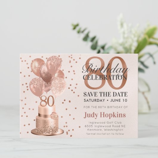 Bewaar de datum 80e verjaardag Roos gouden taart Save The Date (Staand voorkant)