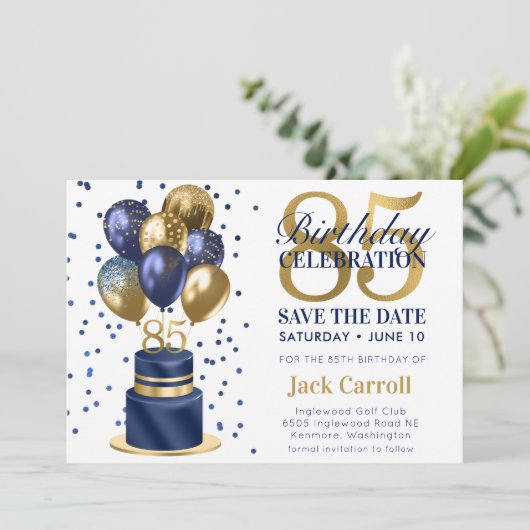 Bewaar de datum 85e verjaardag Navy Blue Cake Save The Date (Staand voorkant)