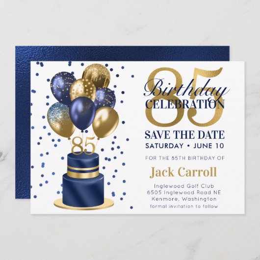 Bewaar de datum 85e verjaardag Navy Blue Cake Save The Date (Voorkant / Achterkant)