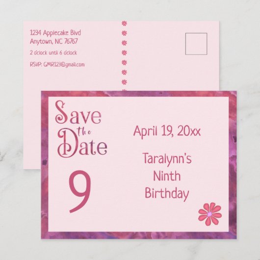 Bewaar de datum 9e verjaardag voor een meisje aankondigingskaart (Voorkant / Achterkant)