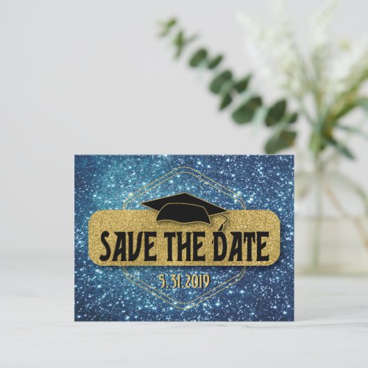 Bewaar de datum Afstuderen Gold Blue Afstudeerder Briefkaart (Staand voorkant)