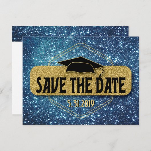 Bewaar de datum Afstuderen Gold Blue Afstudeerder Briefkaart (Voorkant / Achterkant)