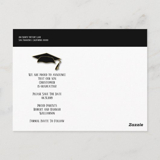 Bewaar de datum Afstuderen Modern Black Gold Briefkaart (Achterkant)