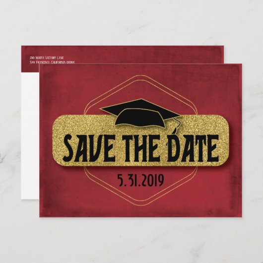Bewaar de datum Afstuderen Modern Red Gold Briefkaart (Voorkant / Achterkant)