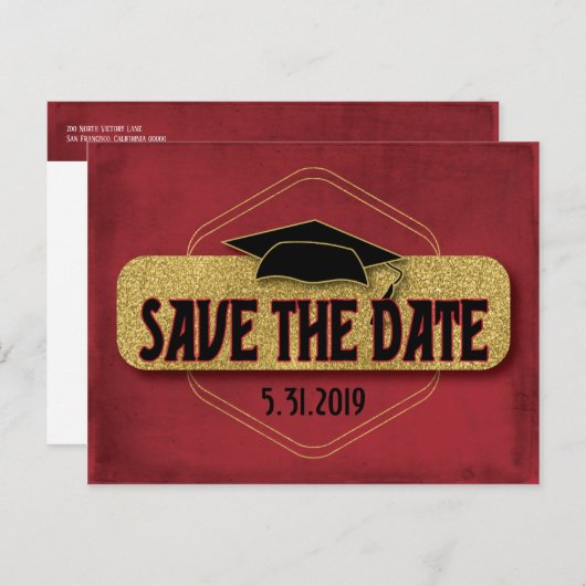 Bewaar de datum Afstuderen Modern Red Gold Briefkaart (Voorkant / Achterkant)