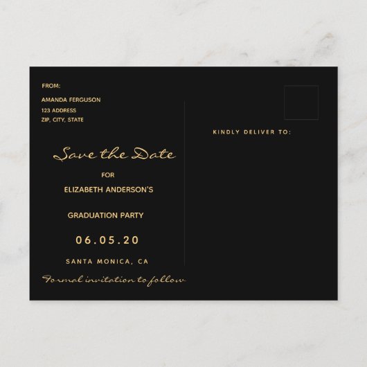 Bewaar de datum afstuderen Zwarte roze bloemen Briefkaart (Achterkant)